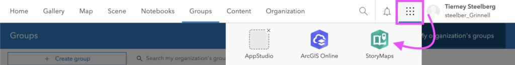 ArcGIS homepage with StoryMaps icon highlighted
